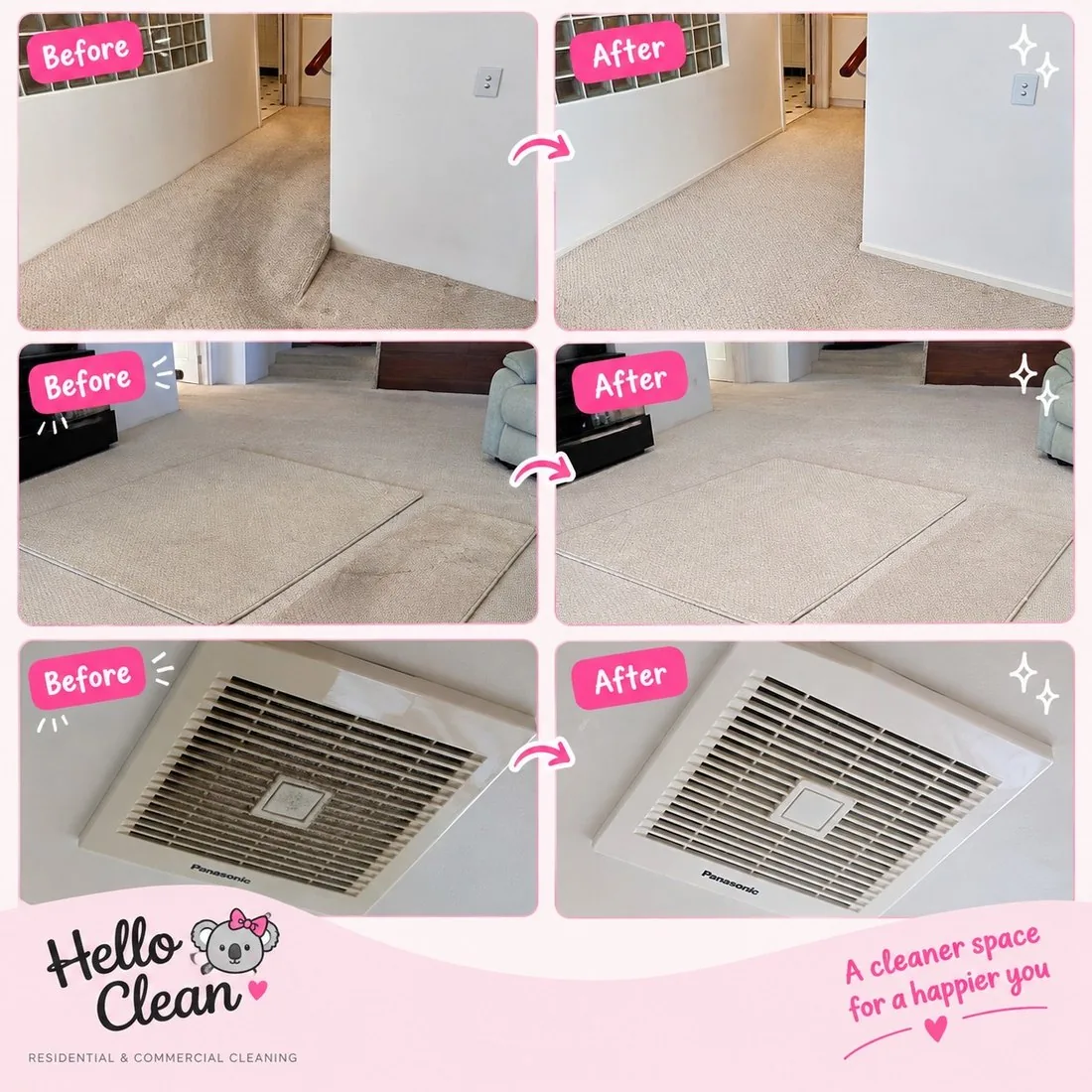Antes y despues reales de Hello Clean: alfombra con manchas de trafico recuperada, union de alfombras limpia y extractor de bano desempolvado