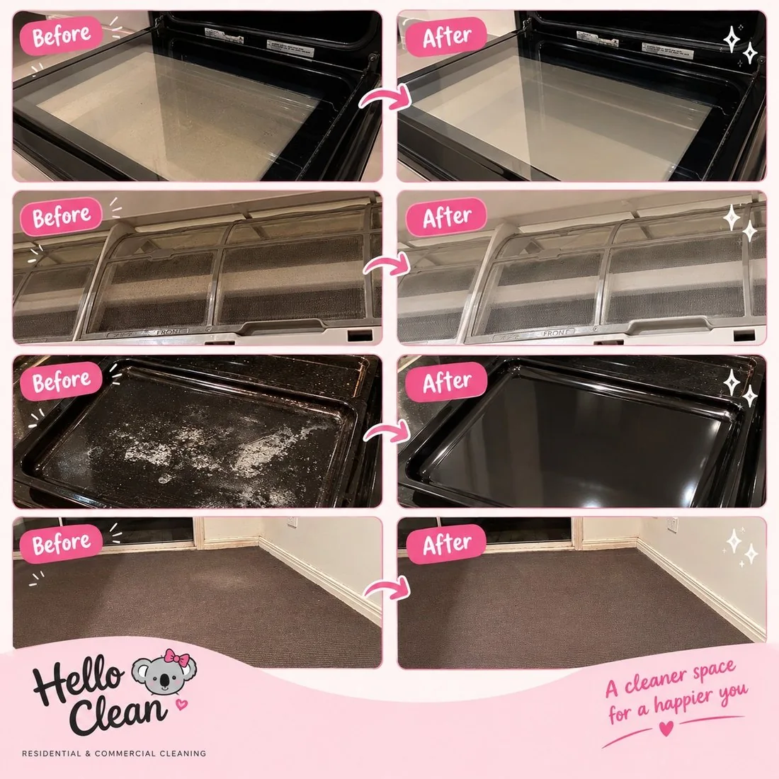 Antes y despues reales de Hello Clean: vidrio de horno, filtros de campana, bandeja de horno y zocalos de una habitacion