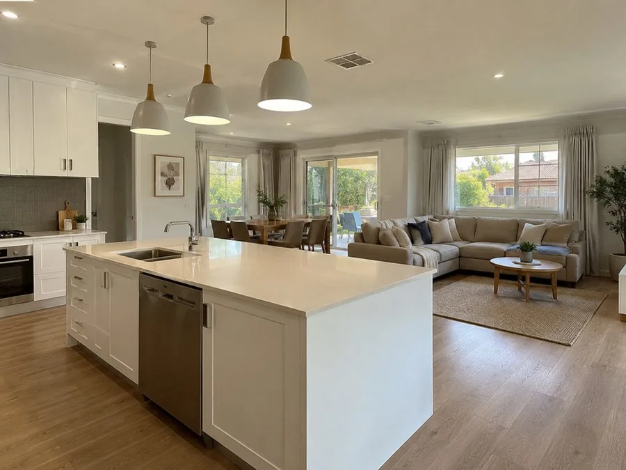Cocina y sala de una casa en Gold Coast recien limpiadas, encimeras despejadas y pisos brillantes