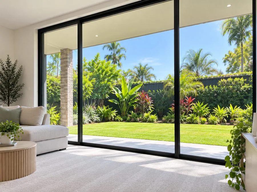 Sala iluminada com pisos limpos e portas de vidro impecáveis para um jardim da Gold Coast